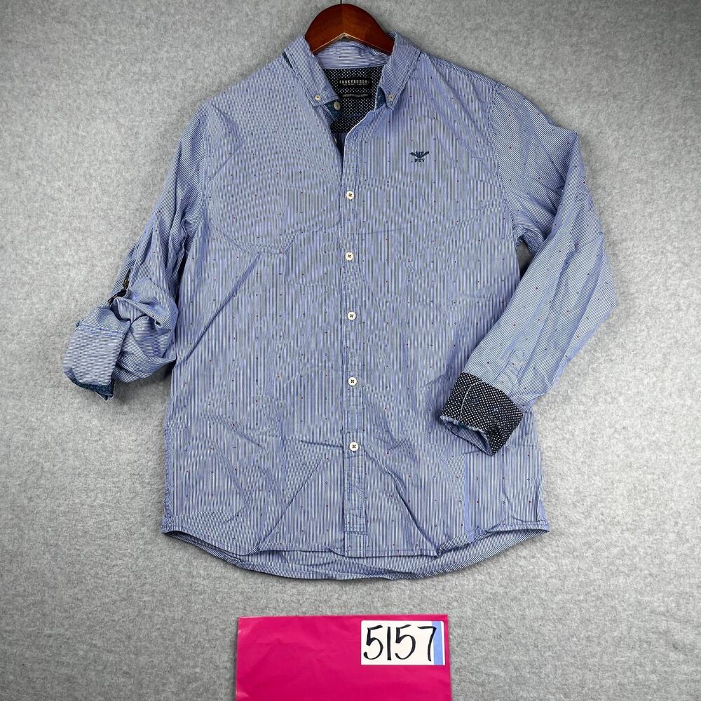 Funky Buddha Shirt Medium Blue Striped Roll Tab Button Up Long Sleeve Mens
